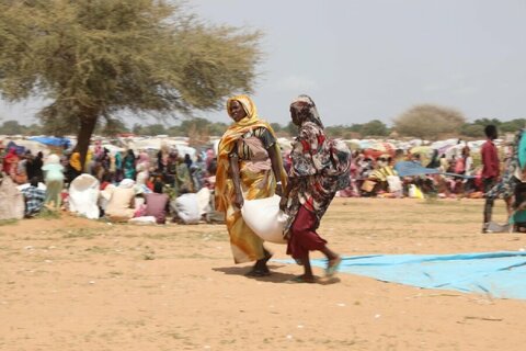 Women refugees from Sudan carry food in Chad