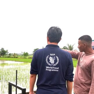 Two people near a rice field. One wears a blue WFP shirt, the other points toward lush green paddies with trees and water in the background.