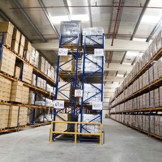 Piles of relief supplies in a warehouse